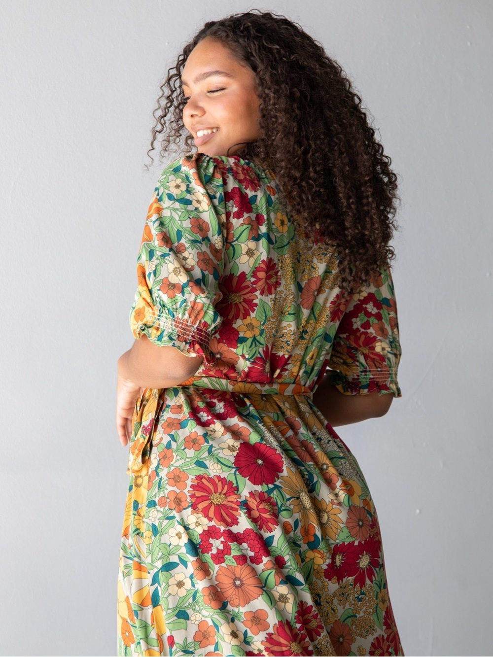 NATURAL LIFE bohemian Floral Wrap midi/Maxi Dress puff sleeve boho festival NWT
